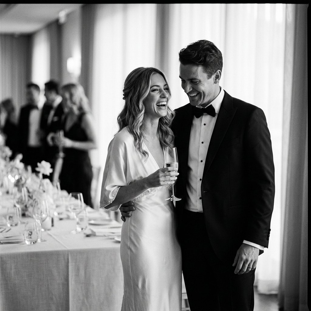 Luxury wedding couple laughing, editorial style